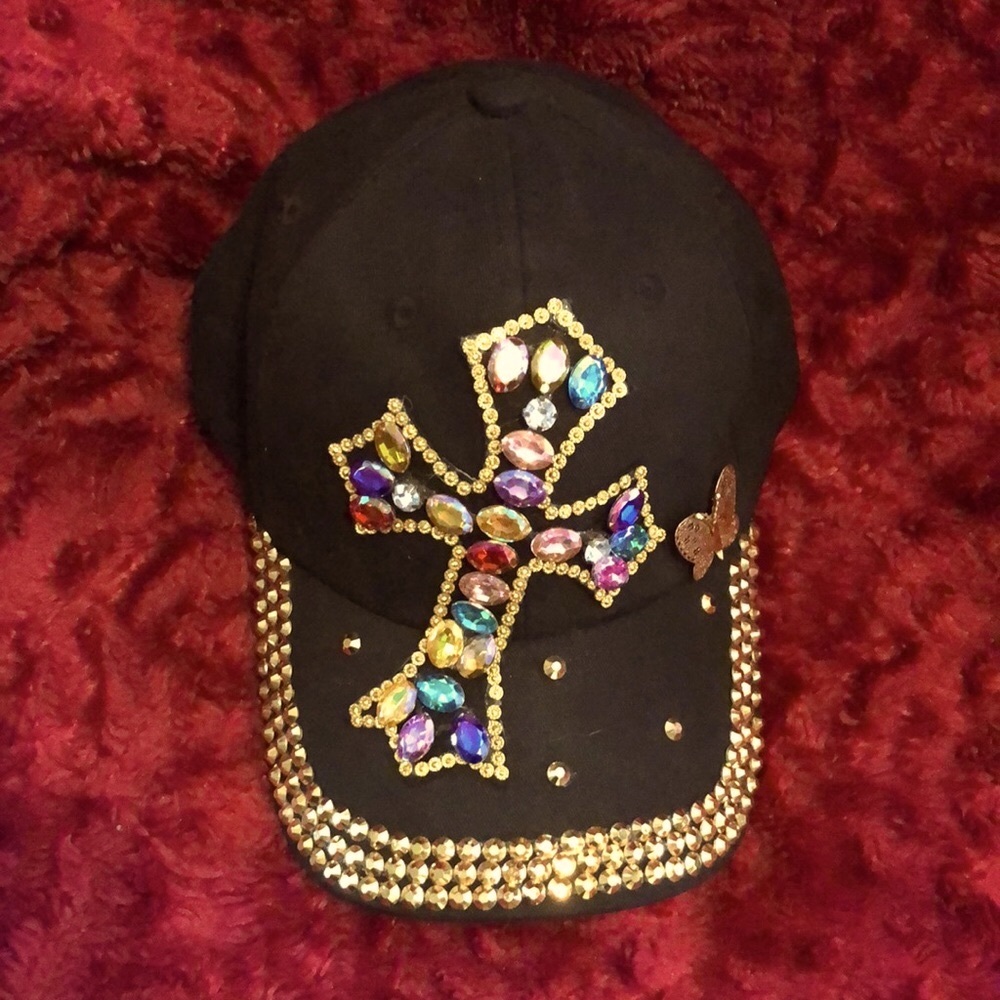 Gold Studded, Bejeweled Cross Cap with Butterfly!